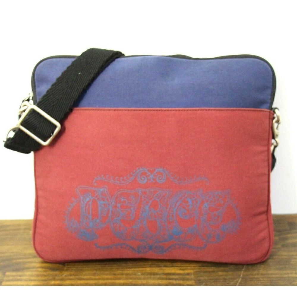 LUCKY BRAND BLUE DARK RED PRINTED CANVAS LAPTOP CROSS BODY PURSE SHOULDER BAG